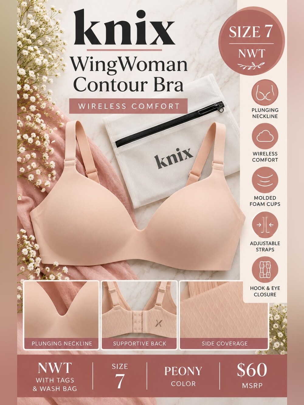 NWT Knix WingWoman Contour Wireless Bra Size 7 Peony MSRP $60